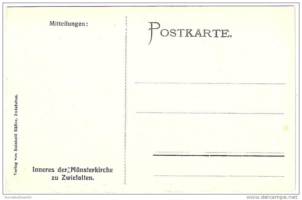 AK Inneres Der Münsterkirche Zu Zwiefalten. Verlag Von Reinhold Käfler, Zwiefalten. Mitteilungen: Postkarte. - Reutlingen