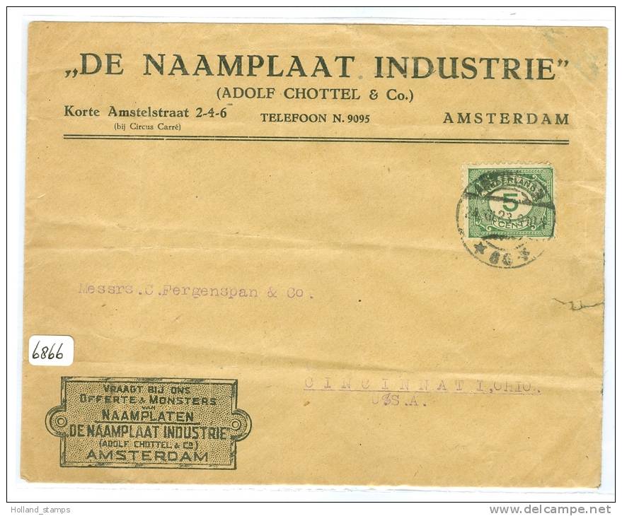 BRIEFOMSLAG Uit * 1923 *  NVPH 107 Van De NAAMPLAAT INDUSTRIE Uit AMSTERDAM Naar CINCINNATI USA (6866) - Lettres & Documents