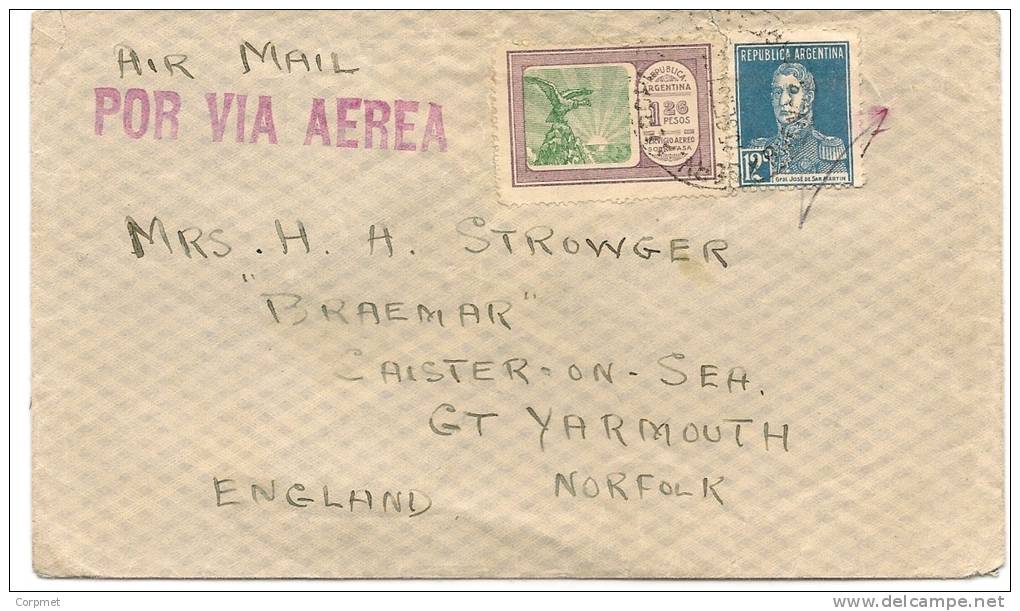 ARGENTINA - VIA AEREA - VF  COVER From BUENOS AIRES To CAISTER-ON-SEA , NORFOLK - Yvert # A17 +303 - Luftpost