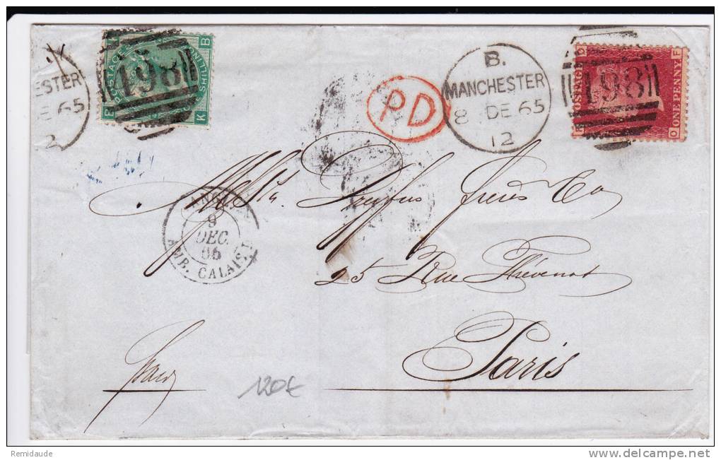 GB - 1865 - RARE LETTRE De MANCHESTER Pour PARIS Avec YVERT N°31 + 26 (PL ILLISIBLE) - Briefe U. Dokumente