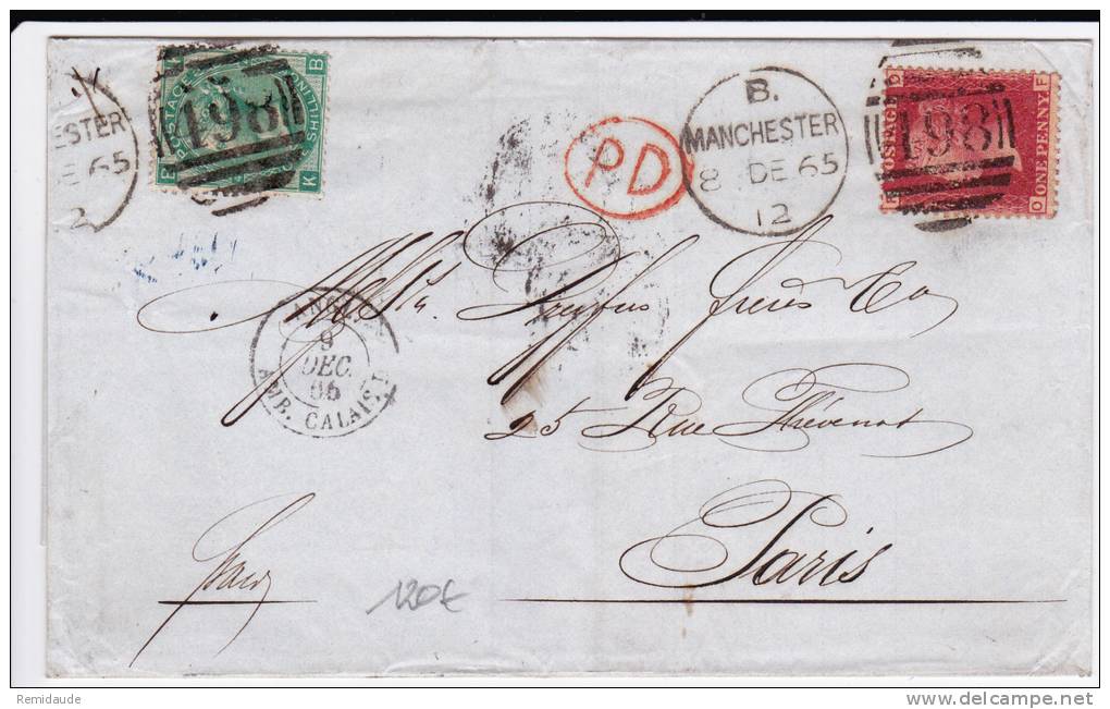 GB - 1865 - RARE LETTRE De MANCHESTER Pour PARIS Avec YVERT N°31 + 26 (PL ILLISIBLE) - Brieven En Documenten