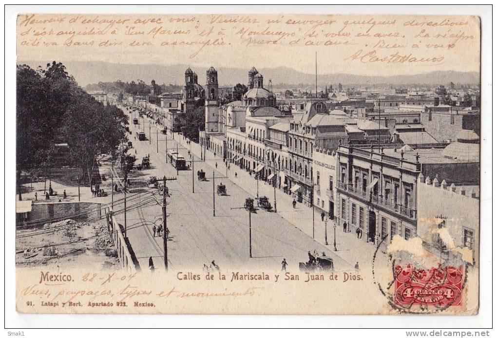 AMERICA MEXICO MARISCALA STREETS SAN JUAN DE DIOS THE TRAM OLD POSTCARD 1904. - Mexico