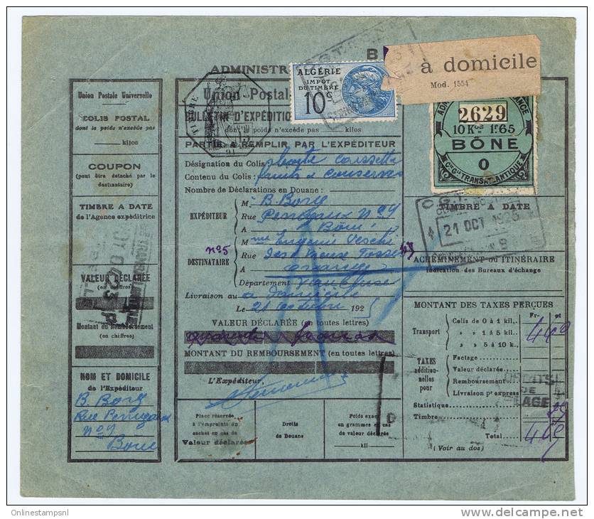 Algérie: Colis Postaux Transportés Par Les Compagnies Privées:  3A Bone -> Orange 1925 CV Maury € 185, RR - Lettres & Documents