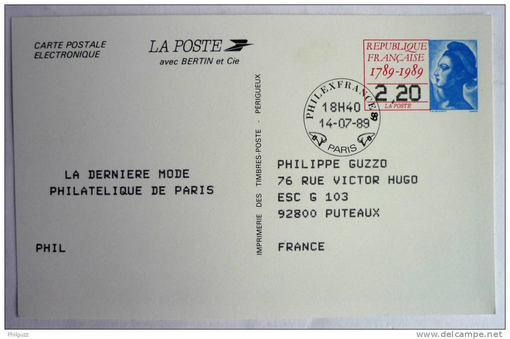 FRANCE Carte Postale électronique Philexfrance 89 - Entier Postal - (N°2496A-CP) - Standard Postcards & Stamped On Demand (before 1995)