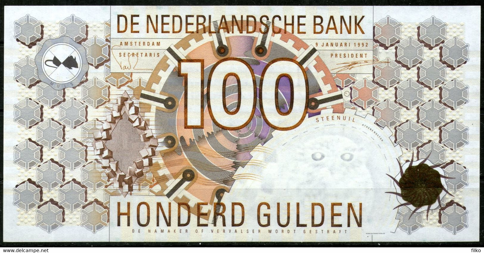 Netherlands, 100 Gulden 1992 P.101(88-1b), Dark Brown Serial Number,BIG "C",see Scan - 100 Florín Holandés (gulden)