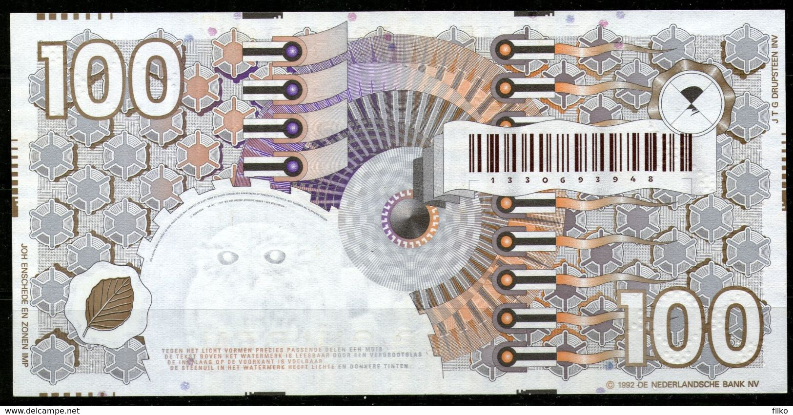 Netherlands, 100 Gulden 1992 P.101(88-1b), Dark Brown Serial Number,BIG "C",see Scan - 100 Gulden