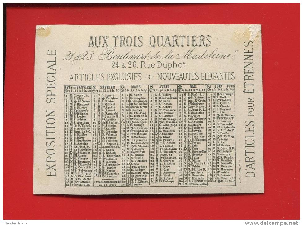 TROIS QUARTIERS PARIS MADELEINE  CHROMO DOREE CALENDRIER 1878  PERSONNAGES APPEL GANTS GANT - Small : ...-1900