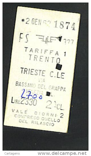 BIGLIETTO TRENO In Cartoncino 2 Classe -TRENTO- TRIESTE   Del 1962 - Europe