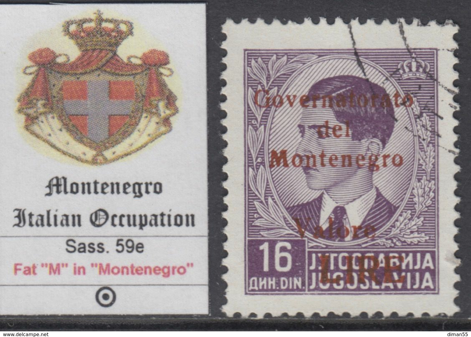ITALIA OCC. MONTENEGRO - ITAL. BESETZUNG - N. 59e -  Cv 100 Euro - Varietà "M" Grossa - USATO - LUXUS GESTEMPELT - Montenegro