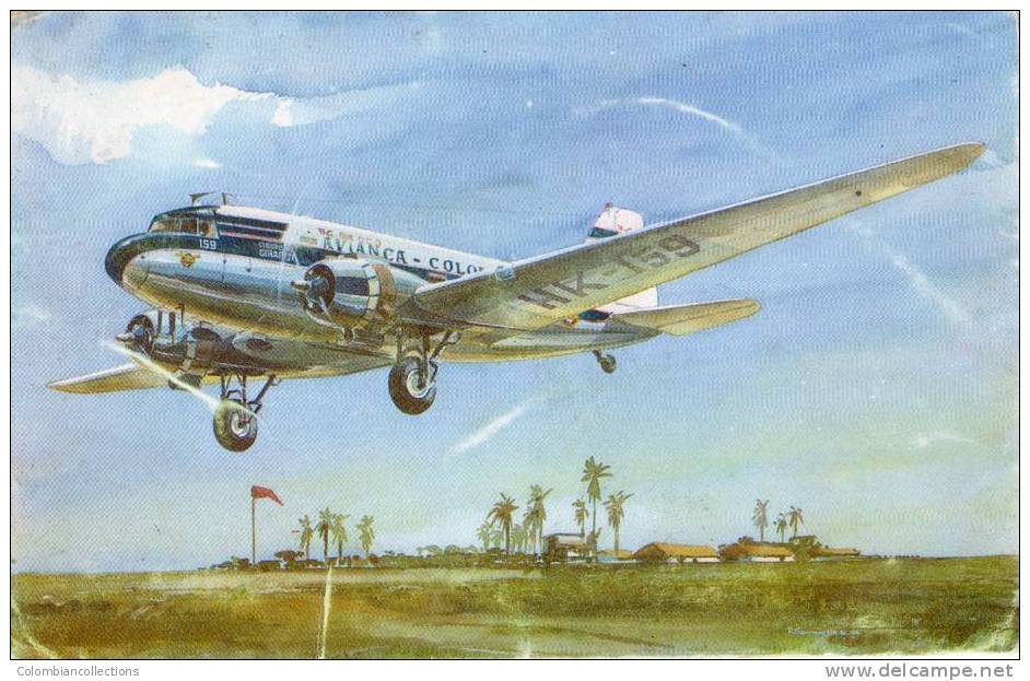 Lote PEP411, Colombia, Postal, Postcard, Avianca, Avion, DC-3, 1, Aircraft, Painting Reproduction - Colombia