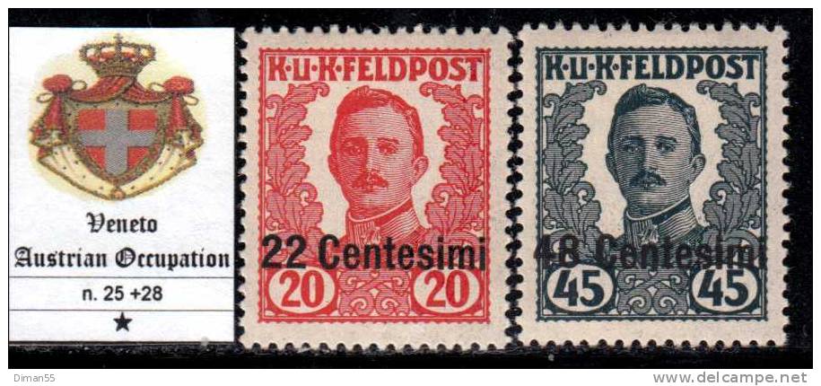 ITALIA - VENETO OCC. AUSTRIACA - N. 25+28 NON EMESSI - Linguellati - MH* - ORIGINALGUMMI M/Falz - Occ. Autrichienne