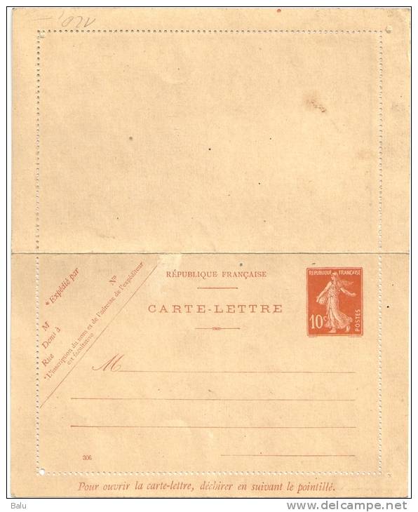 France Entier Postal Yvert No. 138-CL 1 ** NEUF Daté 309 - Kartenbriefe