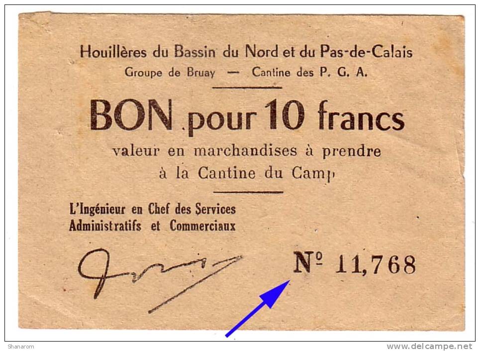 1939 - 1945 // P.O.W.// Prisonnier De Guerre // LENS // HOUILLERES Du Bassin Du NORD Et Du PAS De CALAIS // 10 Frs - Bons & Nécessité