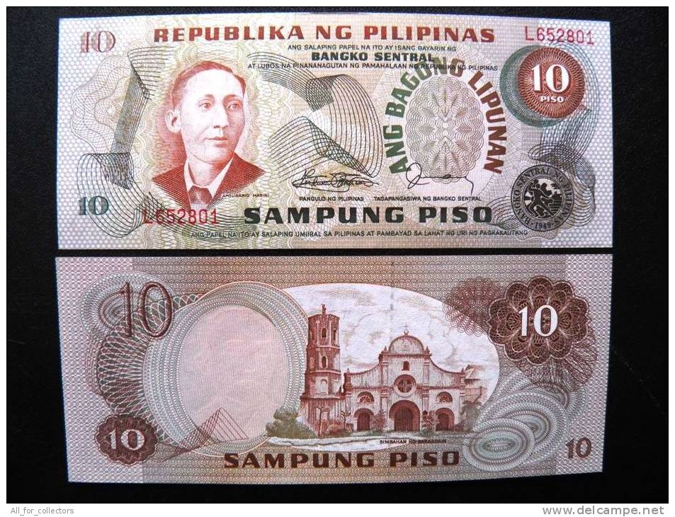 UNC Banknote From Philippines 10 Pesos #161d Red Serial, Church $8 - Philippines