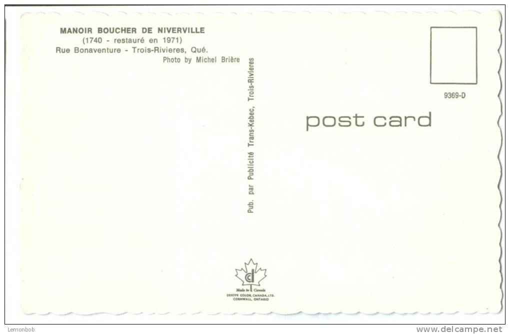 Canada, Manoir Boucher De Niverville, Trois-Rivieres, Quebec , Unused Postcard [13073] - Trois-Rivières