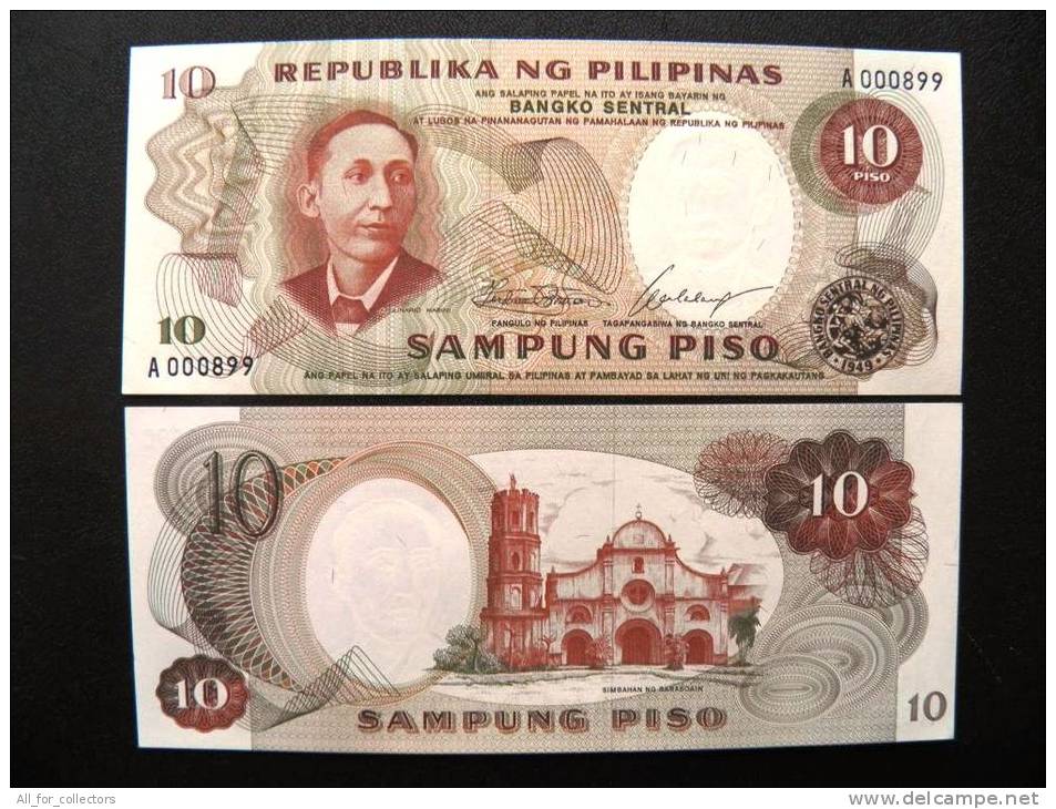 UNC Banknote From Philippines 10 Pesos #144a, Church, #A000890 And Similar - Philippines