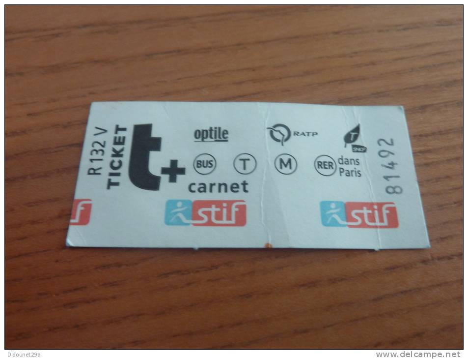 Ticket De Transport (métro, Bus, Train, Tramway) Stif PARIS(75) "carnet" (type R132V) - Europe