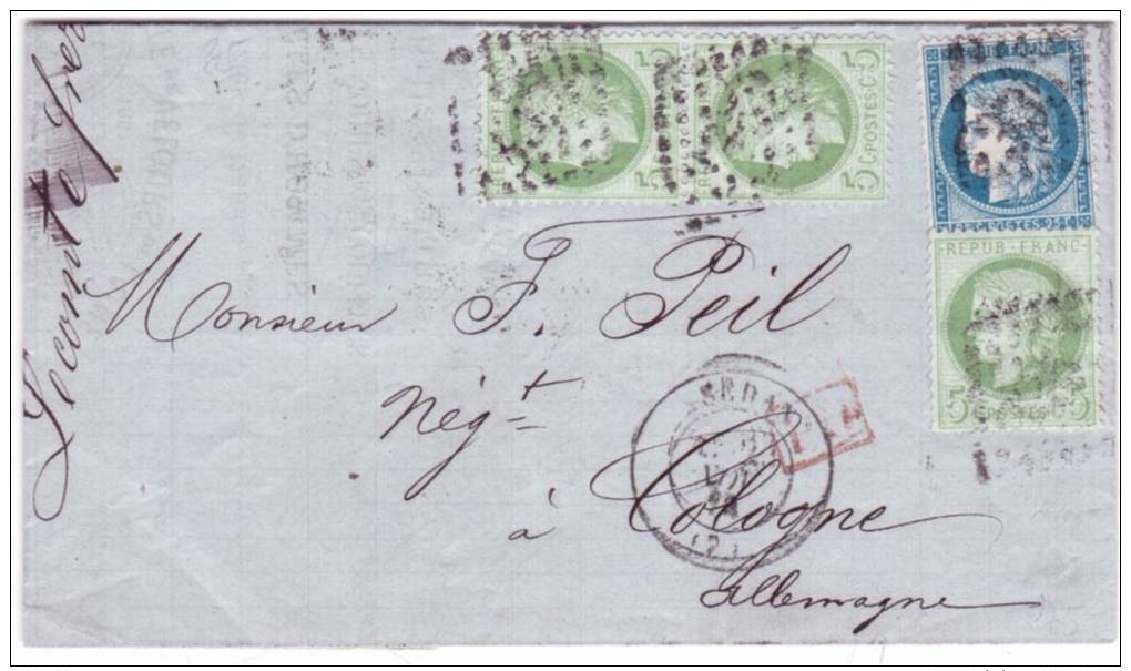 1874- Lettre De SEDAN ( Ardennes) Cad T17 Affr. N°60 + 53 X 3  Pour Cologne ( Allemagne ) - 1849-1876: Période Classique