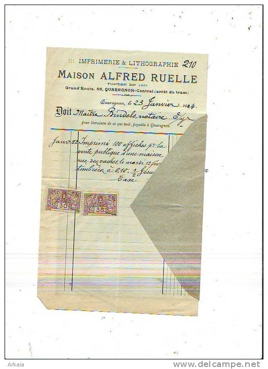Quaregnon - 1924- Maison Alfred Ruelle - Imprimerie & Lithographie - Drukkerij & Papieren