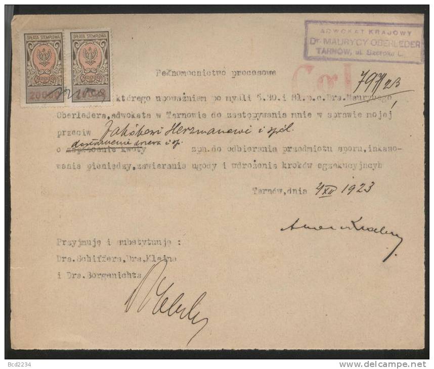 POLAND 1923 GENERAL DUTY 20000MK BF#047 X 2 ON DOCUMENT (POWER OF ATTORNEY) - Steuermarken