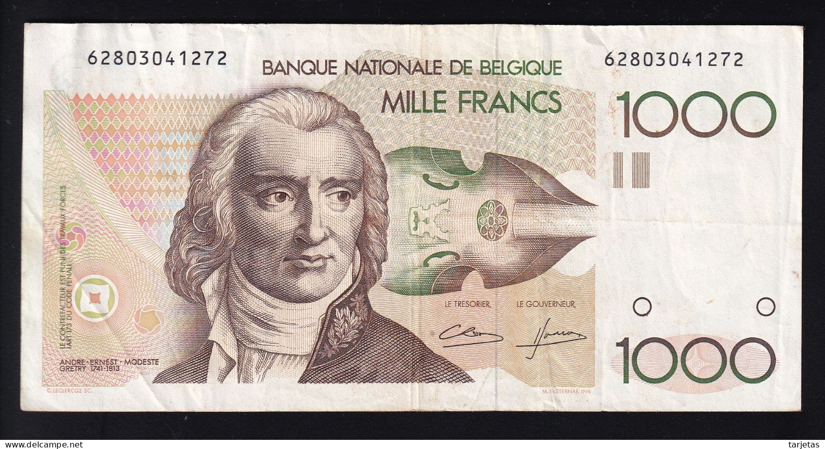 BILLETE DE BELGICA DE 1000 FRANCOS DEL AÑO 1995  (BANK NOTE) P-144 FIRMA DIFICIL Y MUY RARO - 1000 Francs