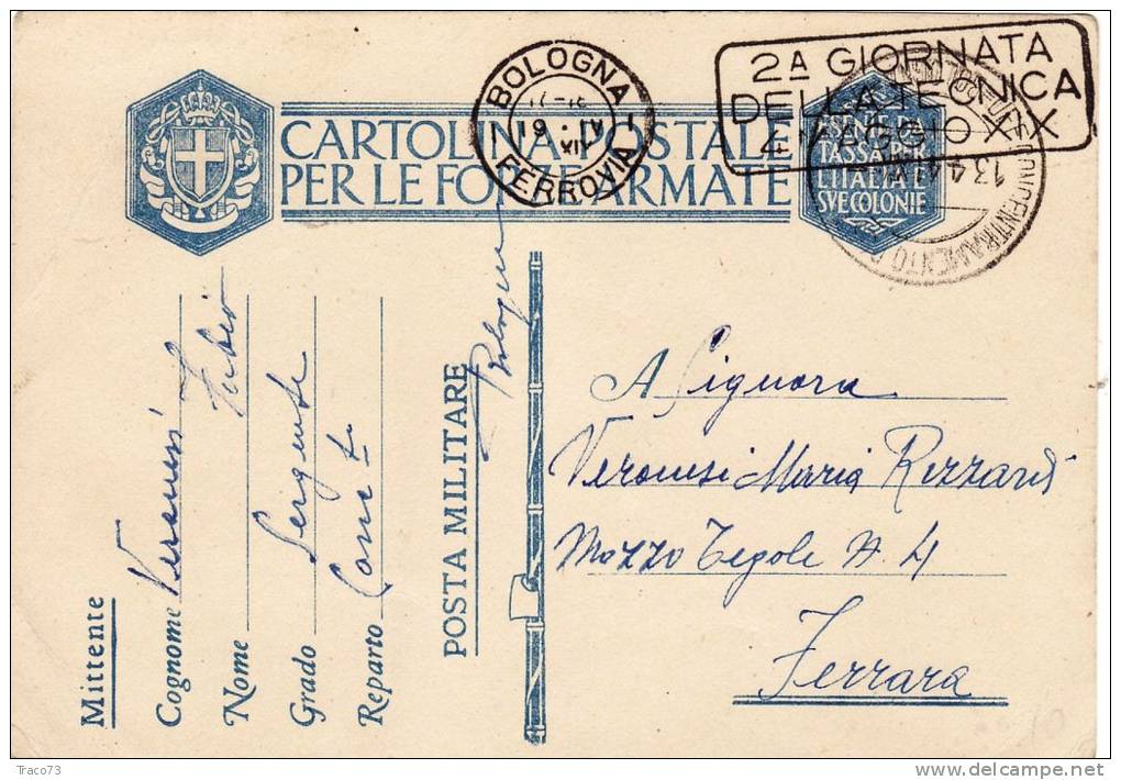 BOLOGNA UFF. CONCENTRAMENTO /  FERRARA  13.4.1941 - Card_ Cartolina Postale In Franchigia - Storia Postale