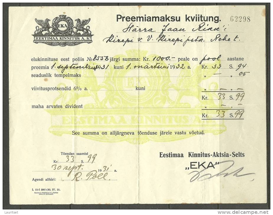 Estland Estonia Estonie Versicherungsdokument Insurance Document (receipt) 1939 Versicherungsgesellschaft "EKA" - Bank & Versicherung