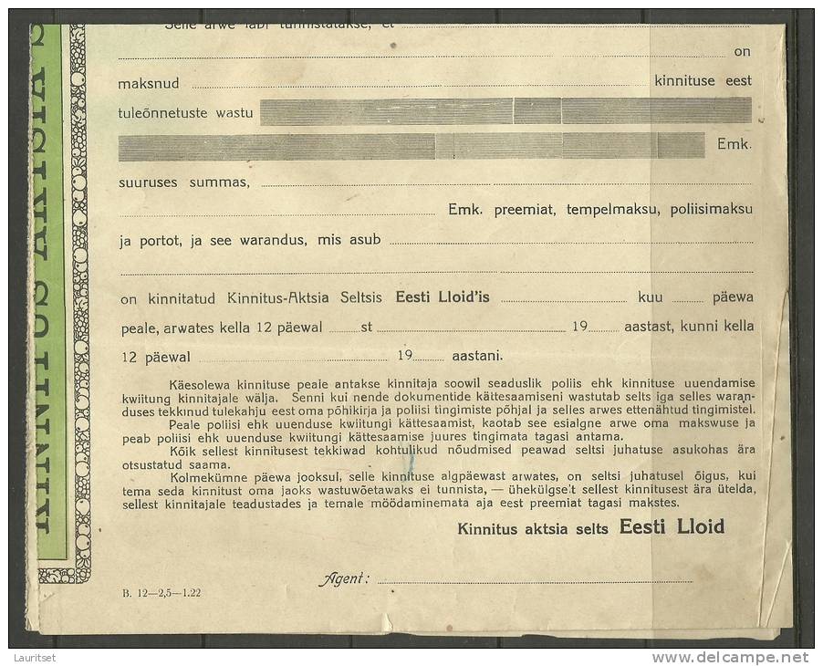 Estland Estonia 1923  Versicherungsdokument Insurance Document Estonian LLOYD - Bank En Verzekering