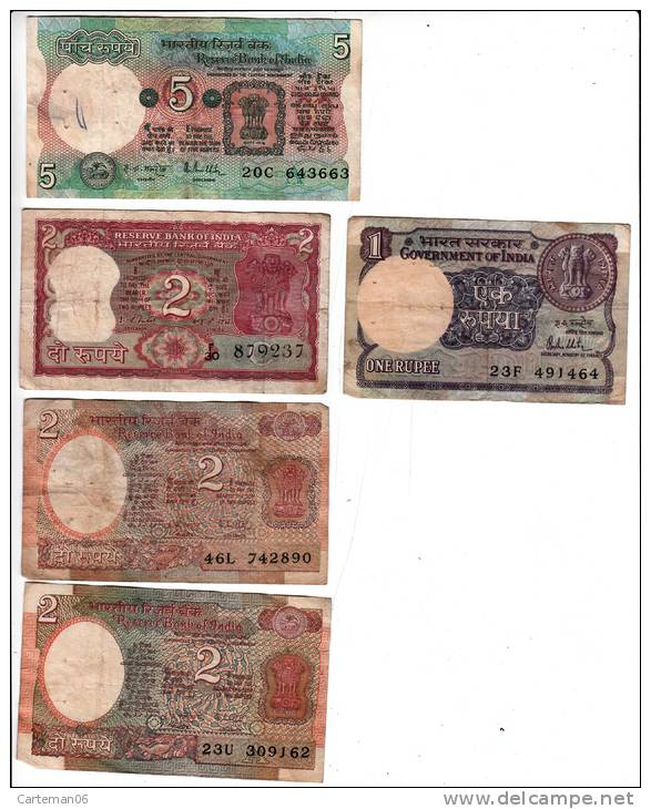 Billet - Inde - 5 Billets - 1 De 5 Rupees - 3 De 2 Rupees - 1 De 1 Rupee - India
