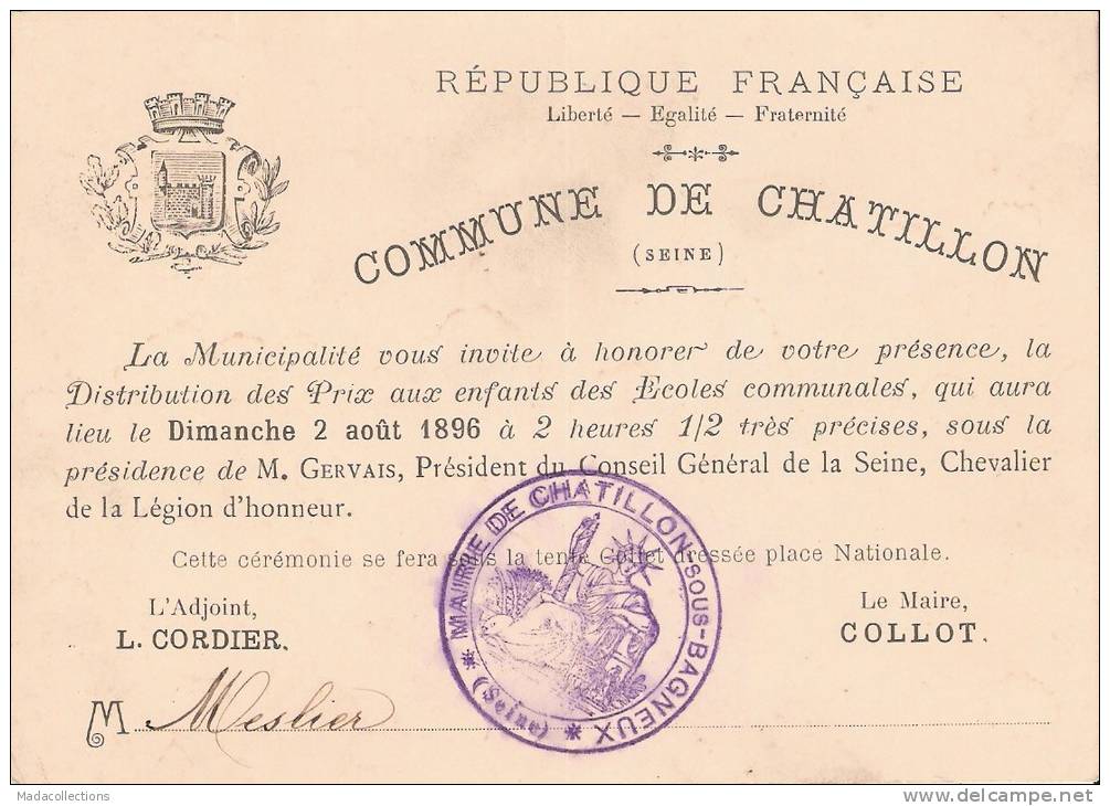 Chatillon ( 92 ) Invitation à La Distribution Des Prix 1896 - Diploma & School Reports