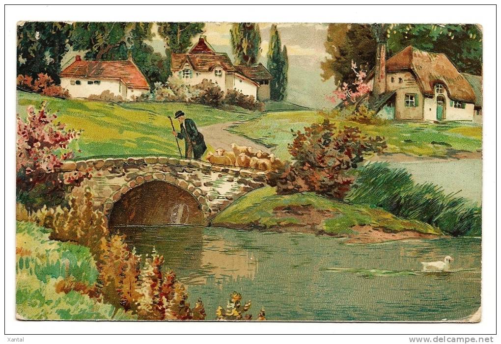 Gravure Paysage Pastoral Rivière Pont Et Troupeau De Moutons - Carte Texturée écrite & Timbrée 1926 - Nouvel An