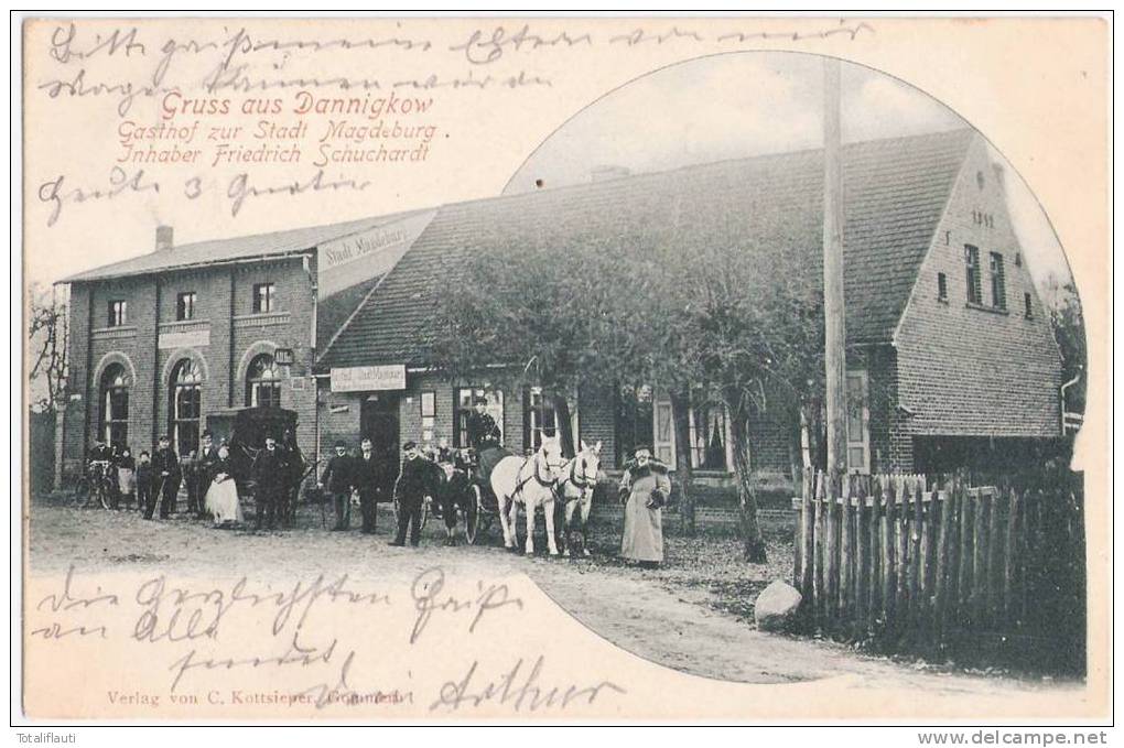 Gruss Aus Dannigkow Gommern Gasthof Zur Stadt Magdeburg Inh F Schuchardt Radfahrer H All Heil Schimmel Gespann 10.6.1902 - Gommern