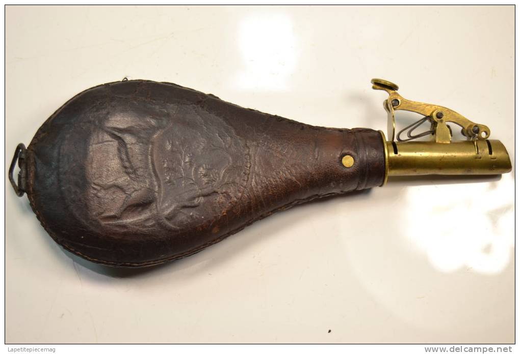 Ancienne Poire A Poudre Noire Américaine Flask & Cap Co USA Meriden (Connecticut) 19eme Siècle - Equipement