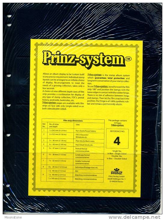 Prinz Single Side Stocksheets, 4 Strips Per Page, Pack Of 10 - Stock Sheets
