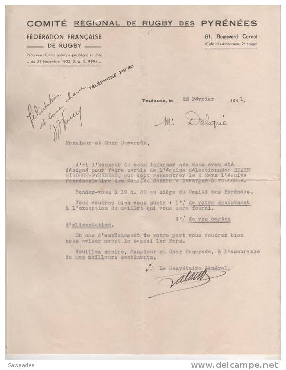 LETTRE - COMITE REGIONAL DE RUGBY DES PYRENEES - CONVOCATION  EQUIPE BEARN BIGORRE PYRENEES - 22 FEVRIER 1941 - Rugby