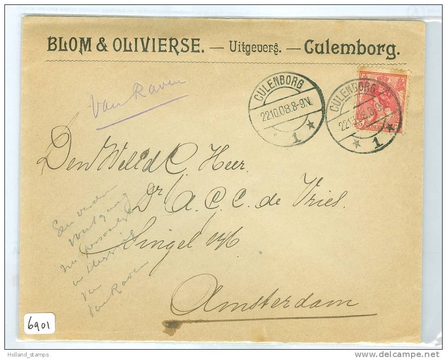 BRIEFOMSLAG Uit 1908 NVPH 60  Van CULENBORG Naar AMSTERDAM (6901) - Lettres & Documents