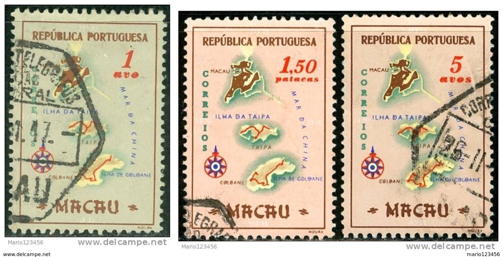 MACAO, COLONIA PORTOGHESE, PORTUGUESE COLONY, MAPPA, 1956, USATI, Scott 383,385,390 - Usados