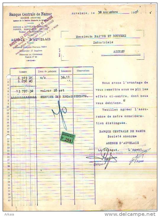 Auvelais - 1936 - Banque Centrale De Namur (agence De La Société Générale De Belgique) - Banca & Assicurazione