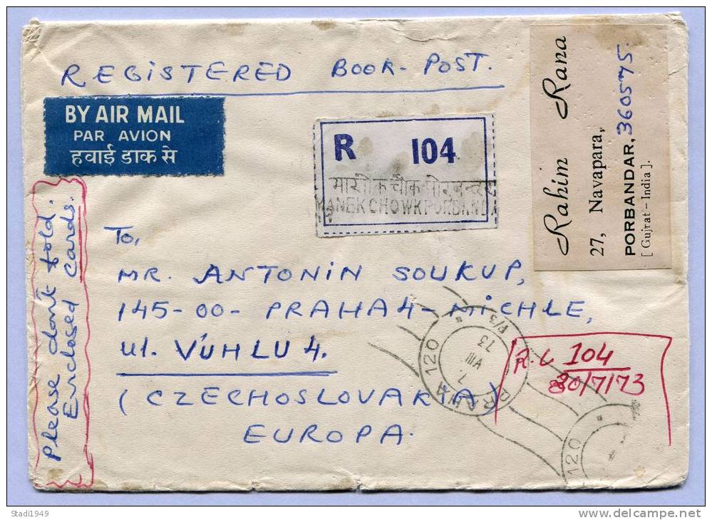 Registerd Air Mail Letter Indien India To Praha 1973 (558) - Briefe U. Dokumente