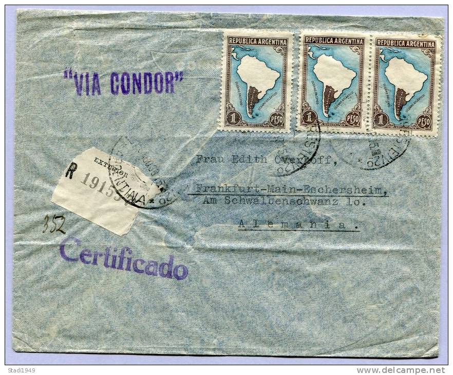 Registerd Air Mail Letter VIA CONDOR BUENOS AIRES To FRANKFURT MAIN 1938 (561) - Luftpost