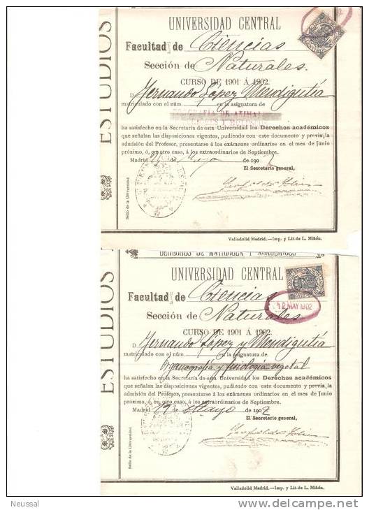 2 Papeles  De 1901-2  Universidad Central   Facultad Ciencias  Naturales - Otros & Sin Clasificación