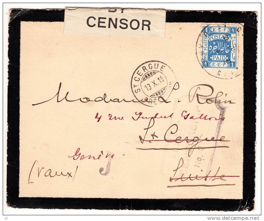 PALESTINE 1918 ARMY POST CANCEL + CENSOR COVER TO SWITZERLAND WITH CENSOR MARK - Palestina