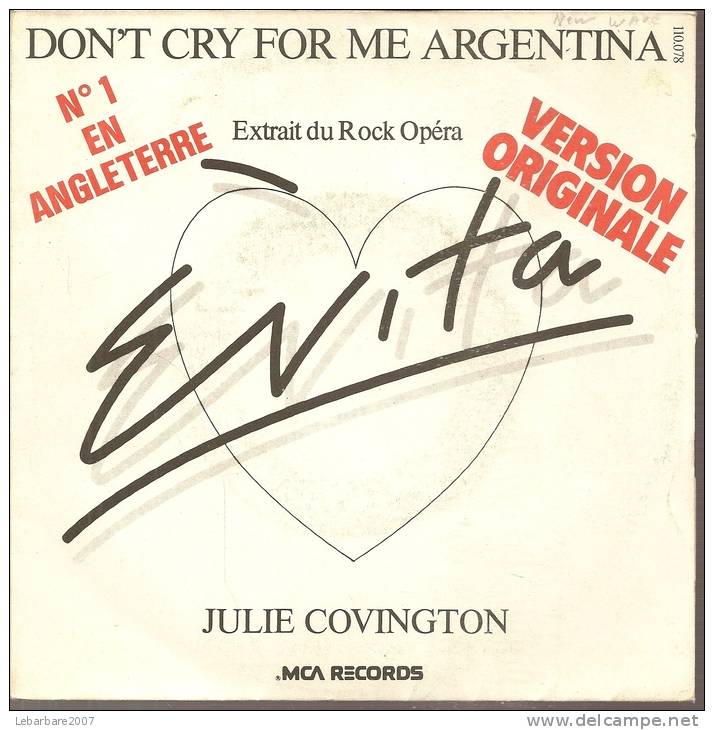 45 Tours SP - JULIE COVINGTON - MCA 110078  " DON'T CRY FOR ME ARGENTINA " + 1 - Autres - Musique Anglaise