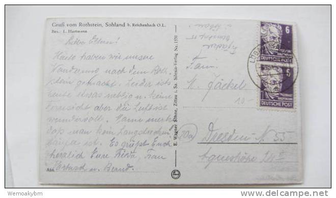 AK Gruß Vom Rothstein, Sohland Bei Reichenbach  Vom  6.10.1949 Inhaber: I. Hartmann - Reichenbach I. Vogtl.
