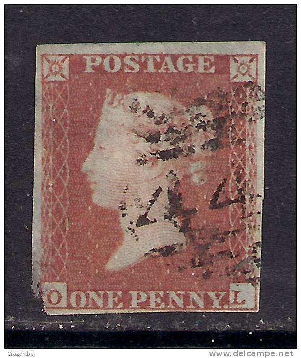 GB 1841 - 52 QV 1d PENNY RED IMPERF BLUED PAPER ( O & L ) USED STAMP PMK 44 . .( C726) - Used Stamps