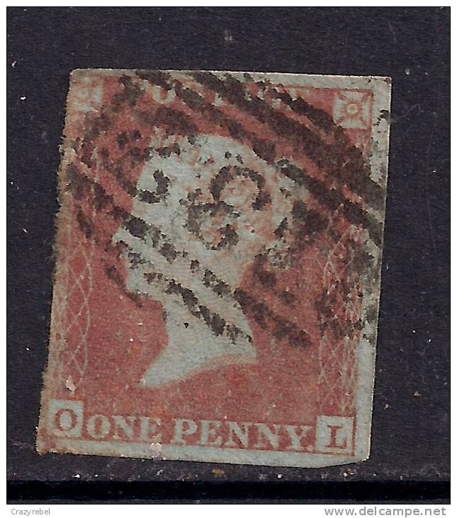 GB 1841 - 52 QV 1d PENNY RED IMPERF BLUED PAPER ( O & L ) USED STAMP PMK ?32 . .( C777) - Usati