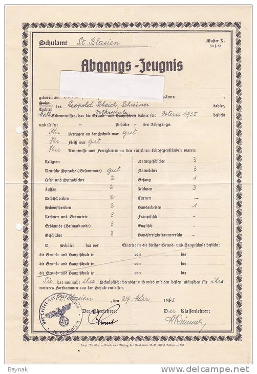 DEUTSCHLAND    -   ST. BLASIEN ( BADEN - WURTTEMBERG )  --  ABGANGS - ZEUGNIS  1943 - Diplome Und Schulzeugnisse