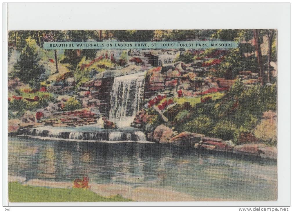 Beautiful Waterfalls On Lagoon Drive St Louis  Forest Park  Missouri 1944 PC . USA - St Louis – Missouri