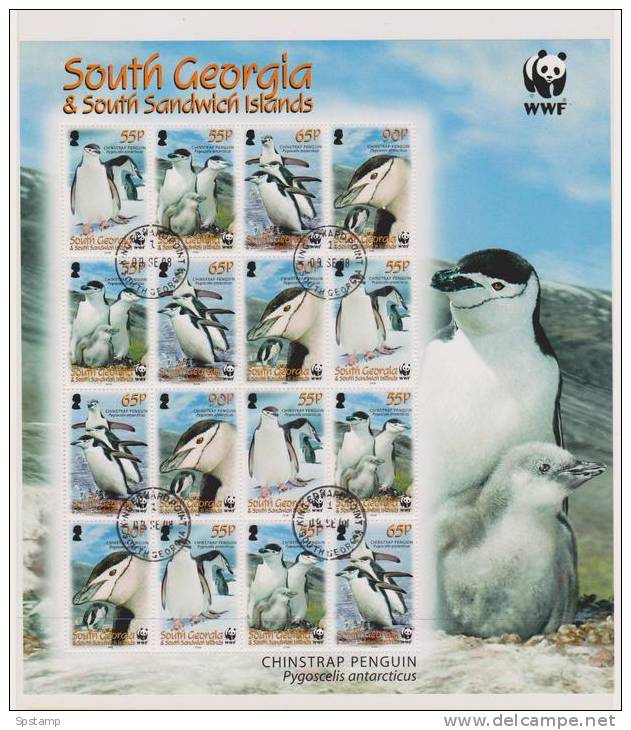 South Georgia 2008 WWF Penguin Miniature Sheet Of 4 Strips Of 4 VFU - Zuid-Georgia