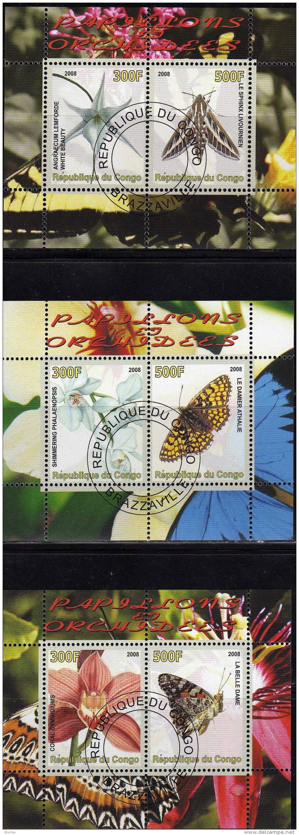 Natur Umwelt Kongo 3 Blocks 2008 O 15€ Orchideen Schmetterlinge Bf Topic Flower Bloc Butterfly Souvenir Sheet Of Africa - Gebraucht